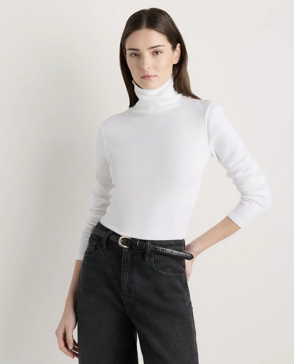 NWT Quince Organic Cotton Micro-Rib Turtleneck Medium Soft White Fitted Top